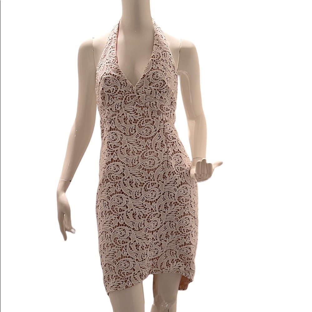 The Jersey Diaries white lace overlay illusion halter dress with rounded hi-low